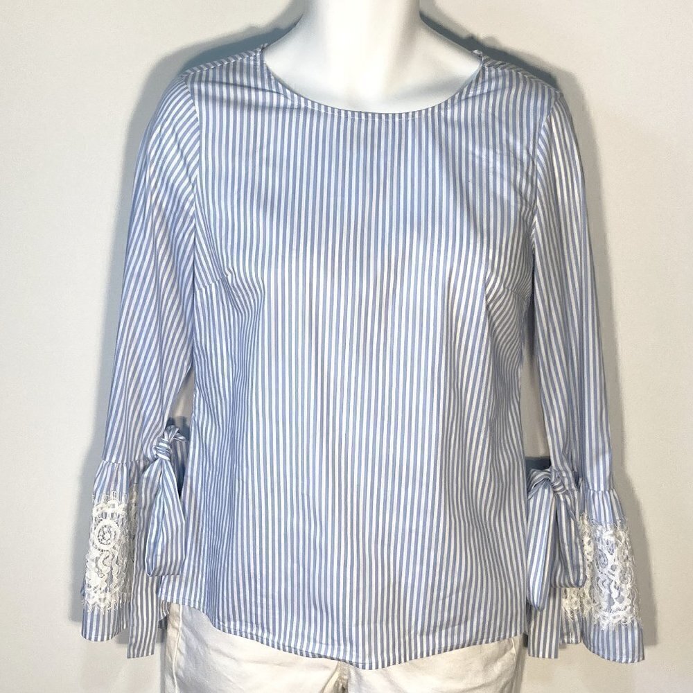 Worthington SZ S Blue & white stripe top Lace Cottage Coquette Old Money
